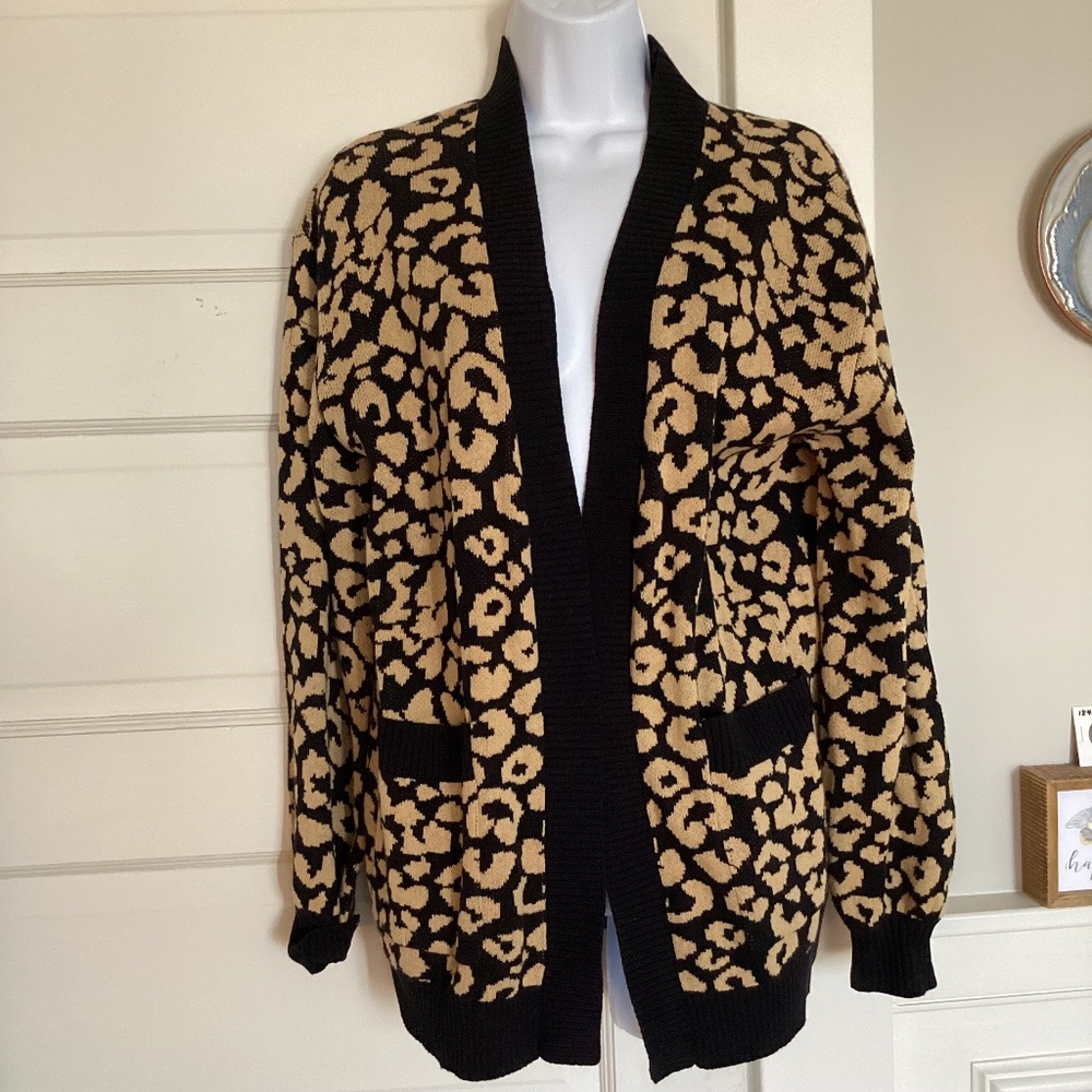 NWT Sugar POP leopard cotton blend cardigan sweater with large pockets size Med